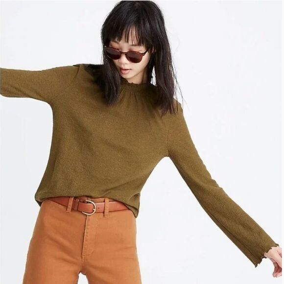 Madewell Texture & Thread Ruffle Mock Neck Top Gauze Olive Green Size Small‎ - Picture 1 of 6
